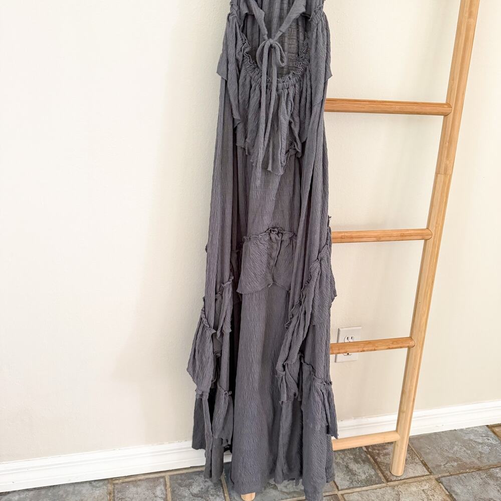 Free People Beach Santa Luz Ruffle Maxi Dress Gray Boho Open Back XS - Picture 9 of 11